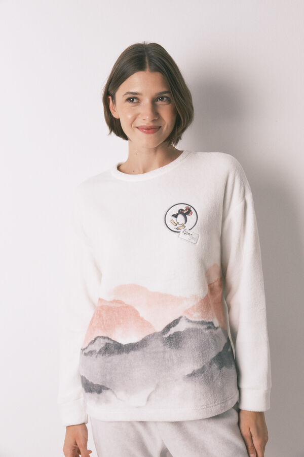 Women'secret Pijama largo polar suave estampado Pingu marfil