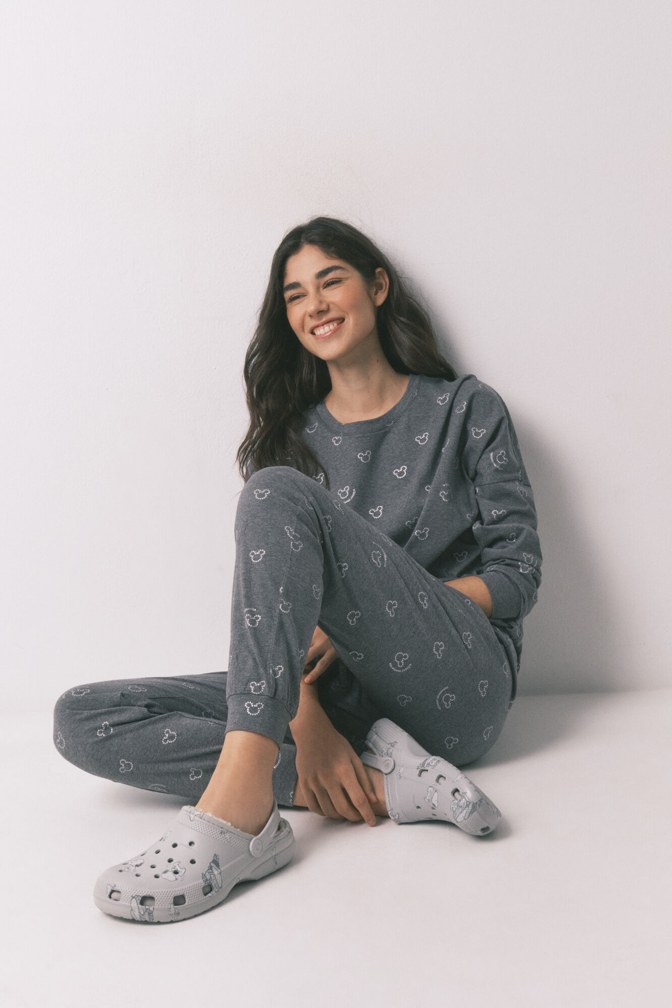 Women'secret Pijama largo 100% algod&oacute;n gris logo Mickey