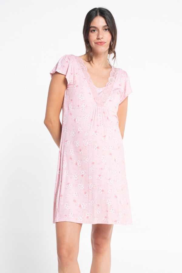 Ohma! Camisa de dormir japonesa de manga curta com flores rosa