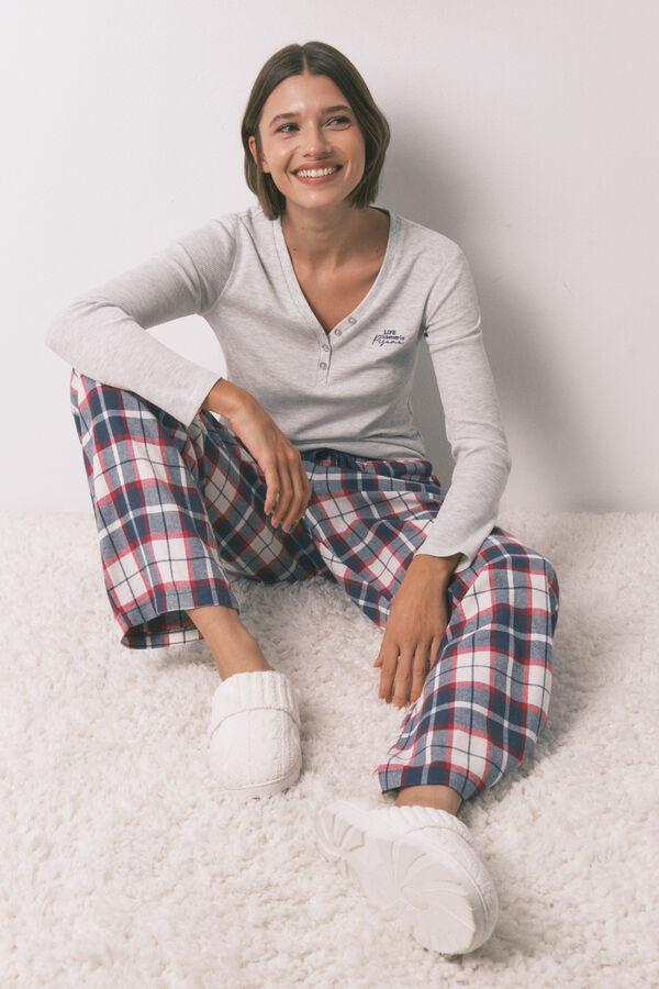 Women'secret Cal&ccedil;as compridas de flanela 100% algod&atilde;o xadrez azul azul