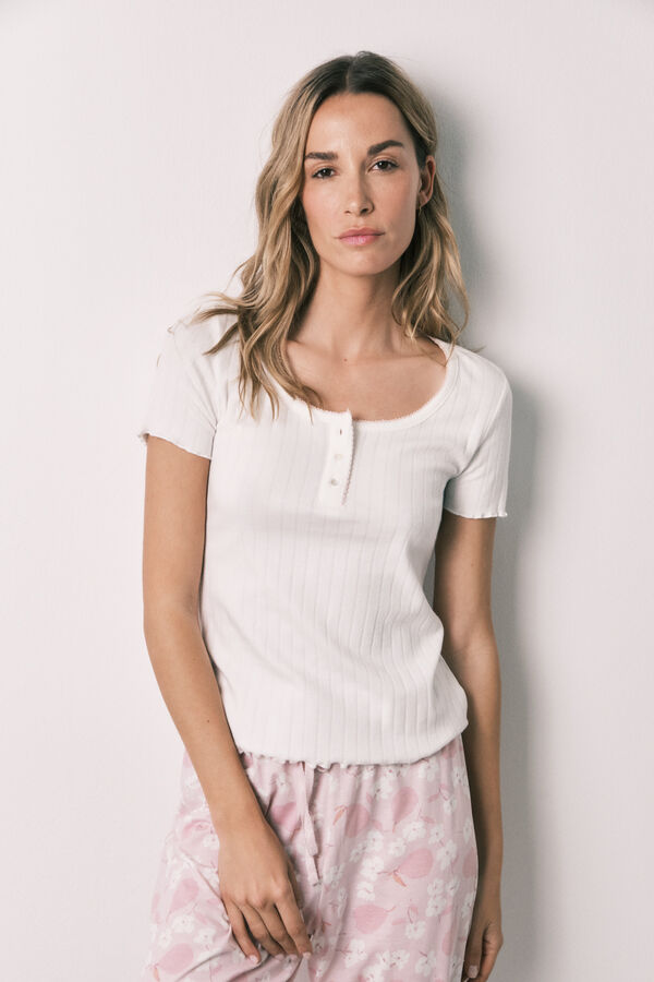 Women'secret Pijama comprido de manga curta em algod&atilde;o branco bege