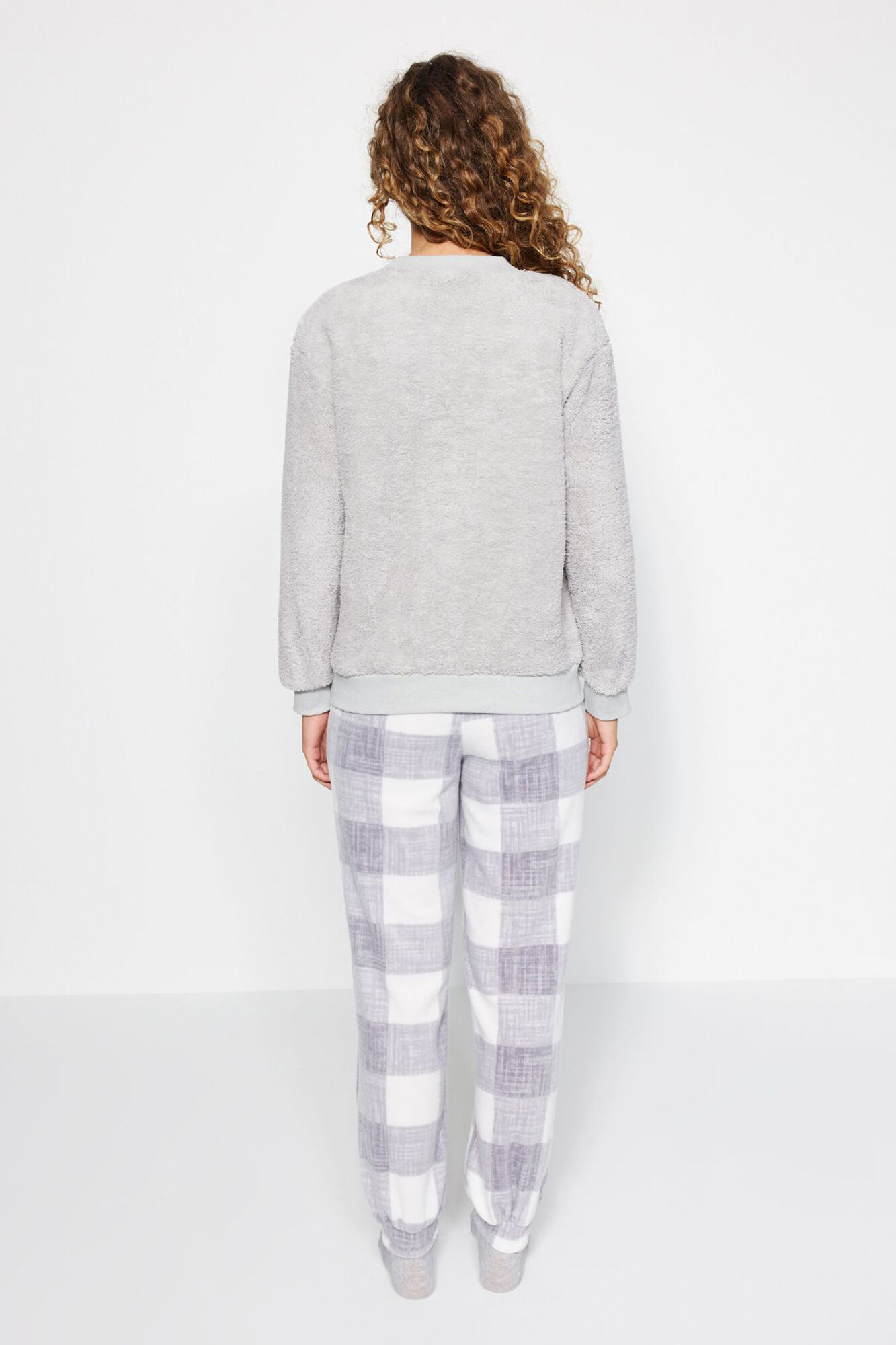 Trendyol Conjunto de pijama de inverno xadrez cinza com estampado de lhama