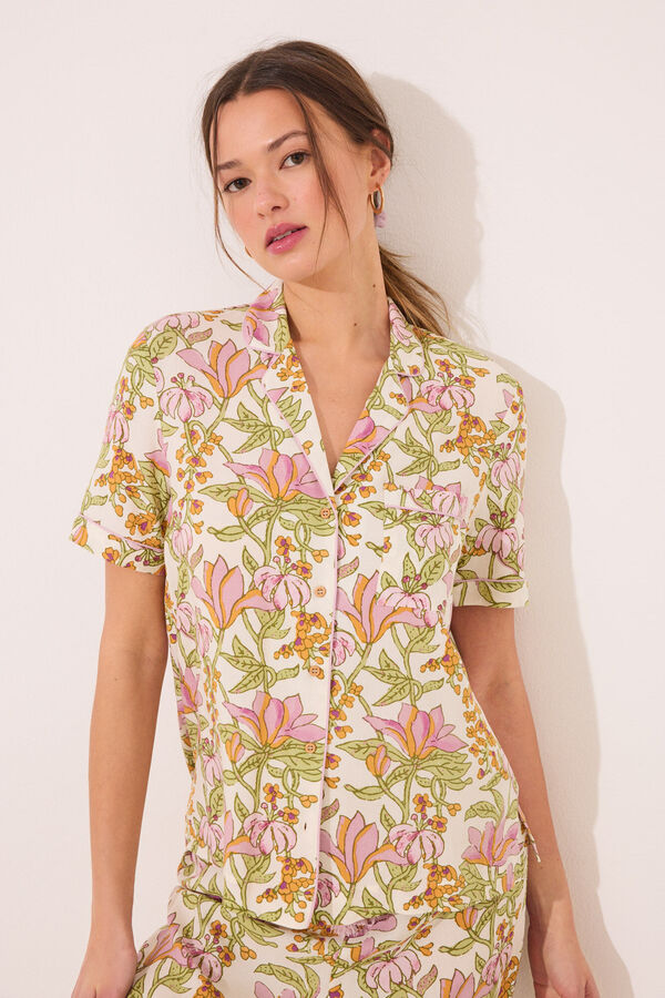 Women'secret Pijama largo camisero viscosa estampado flores blanco
