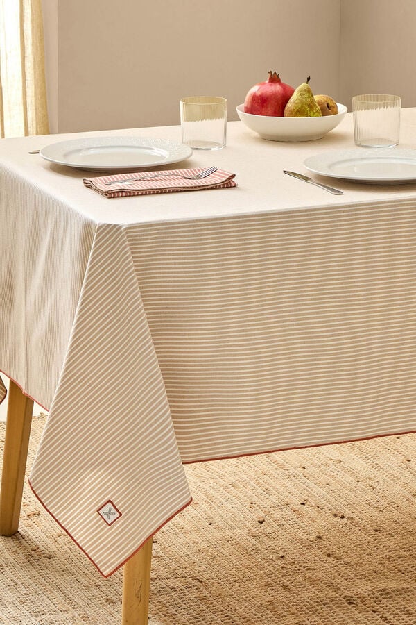 Textura Toalha de mesa riscas de algod&atilde;o resistente a manchas cru