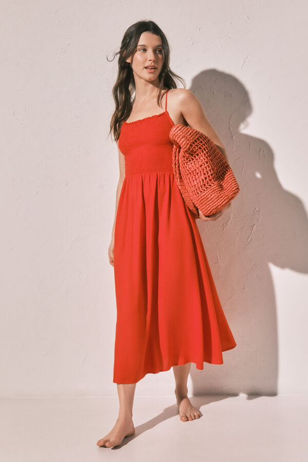 Women'secret Vestido largo con lino naranja coral