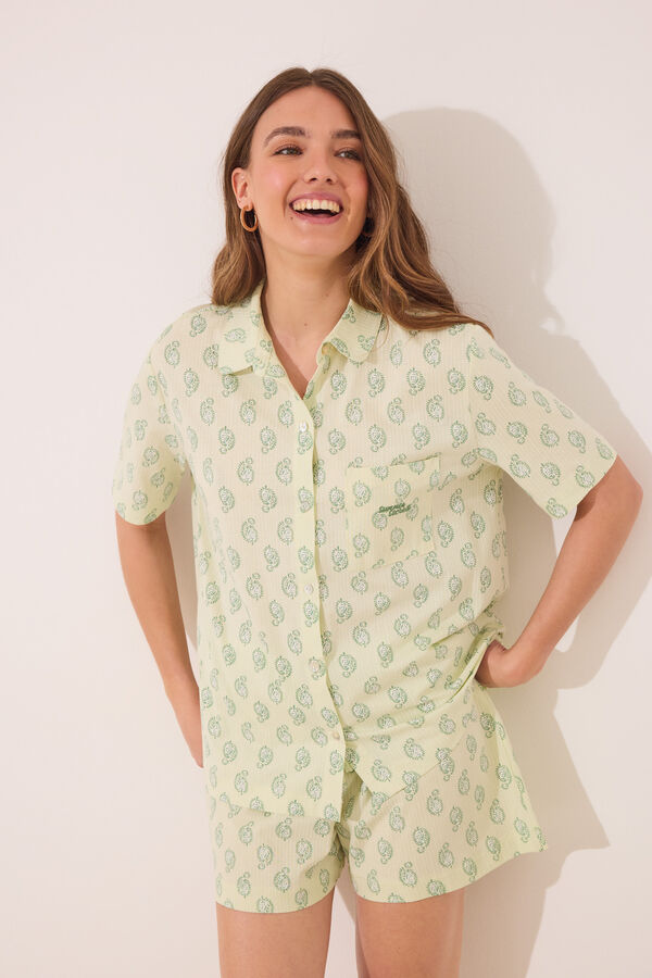 Women'secret Pijama corto camisero algod&oacute;n Paisley verde estampado