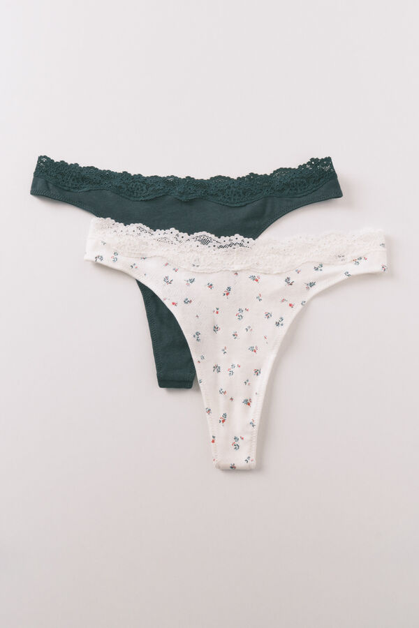 Women'secret Pacote de 2 tangas de algod&atilde;o verde com estampa branca caqui