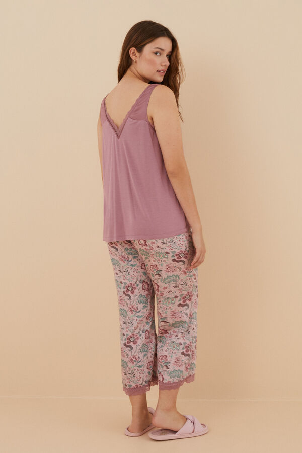 Women'secret Pijama tirantes pantal&oacute;n Capri flores viscosa sat&eacute;n rosa