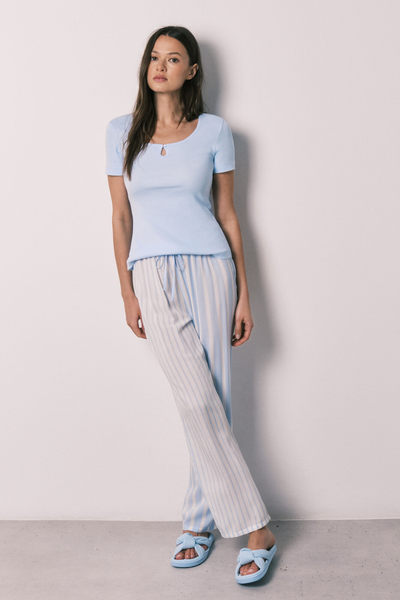 Women'secret Pijama largo manga corta algod&oacute;n y viscosa azul