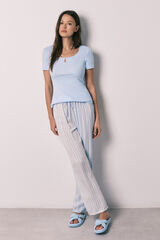 Women'secret Pijama comprido de manga curta em algod&atilde;o e viscose azul azul