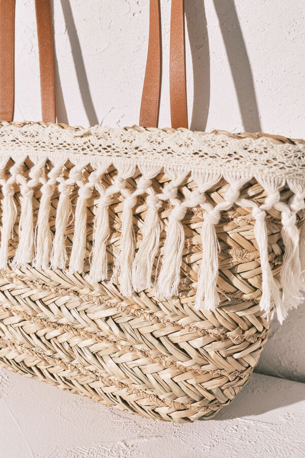 Women'secret Mala m&eacute;dia cesto de r&aacute;fia e crochet branco