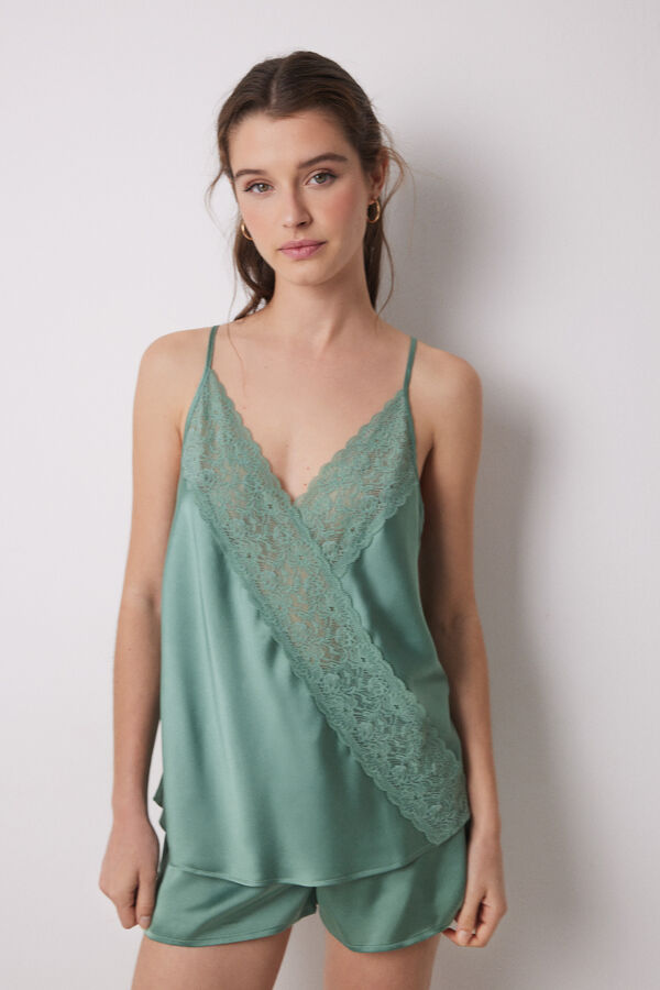 Women'secret Pijama corto sat&eacute;n y encaje verde verde