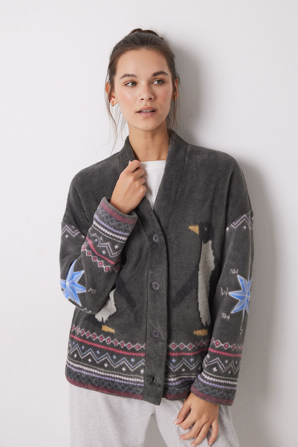 Women'secret Pijama largo terciopelo ping&uuml;inos gris