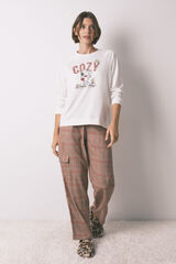 Women'secret Pijama longo 100% algod&atilde;o estampado xadrez Snoopy bege