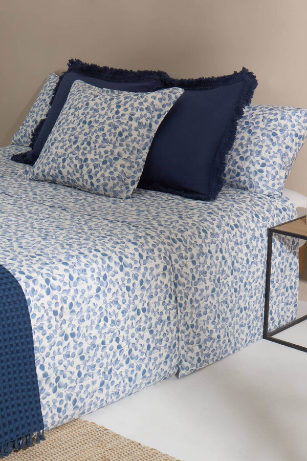 Textura S&aacute;bana hojas algod&oacute;n percal. Cama 180-200cm. azul