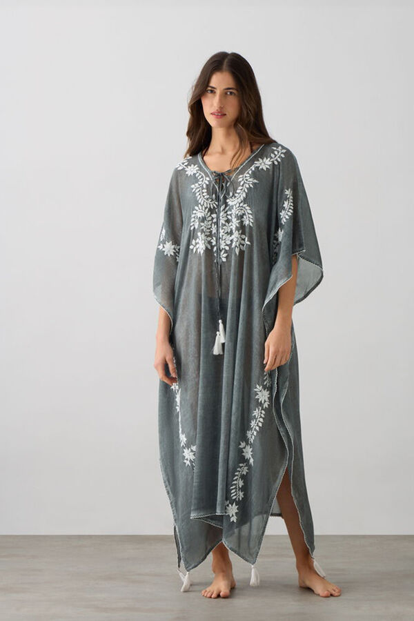 Textura T&uacute;nica larga algod&oacute;n detalle bordado gris