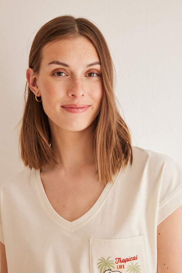 Women'secret T-shirt 100% algod&atilde;o manga curta Snoopy bege