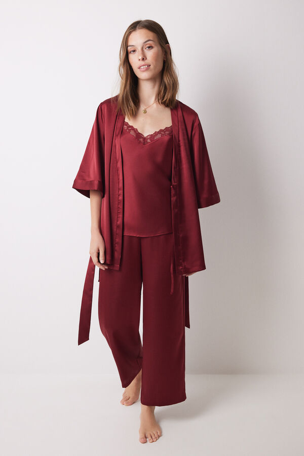 Women'secret Conjunto robe de cetim marrom, top e cal&ccedil;a pijama vermelho