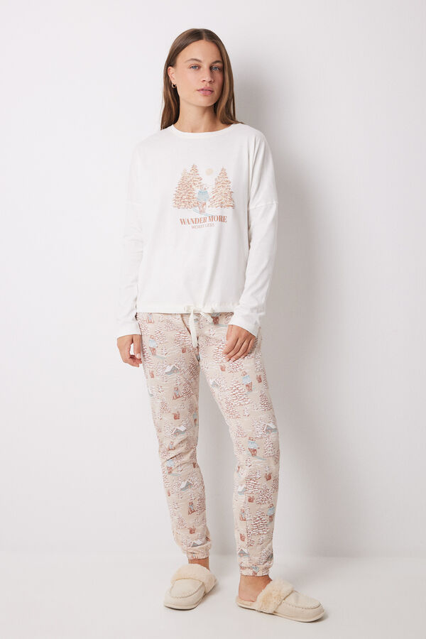 Women'secret Pijama longo 100% algod&atilde;o com estampado de Natal bege