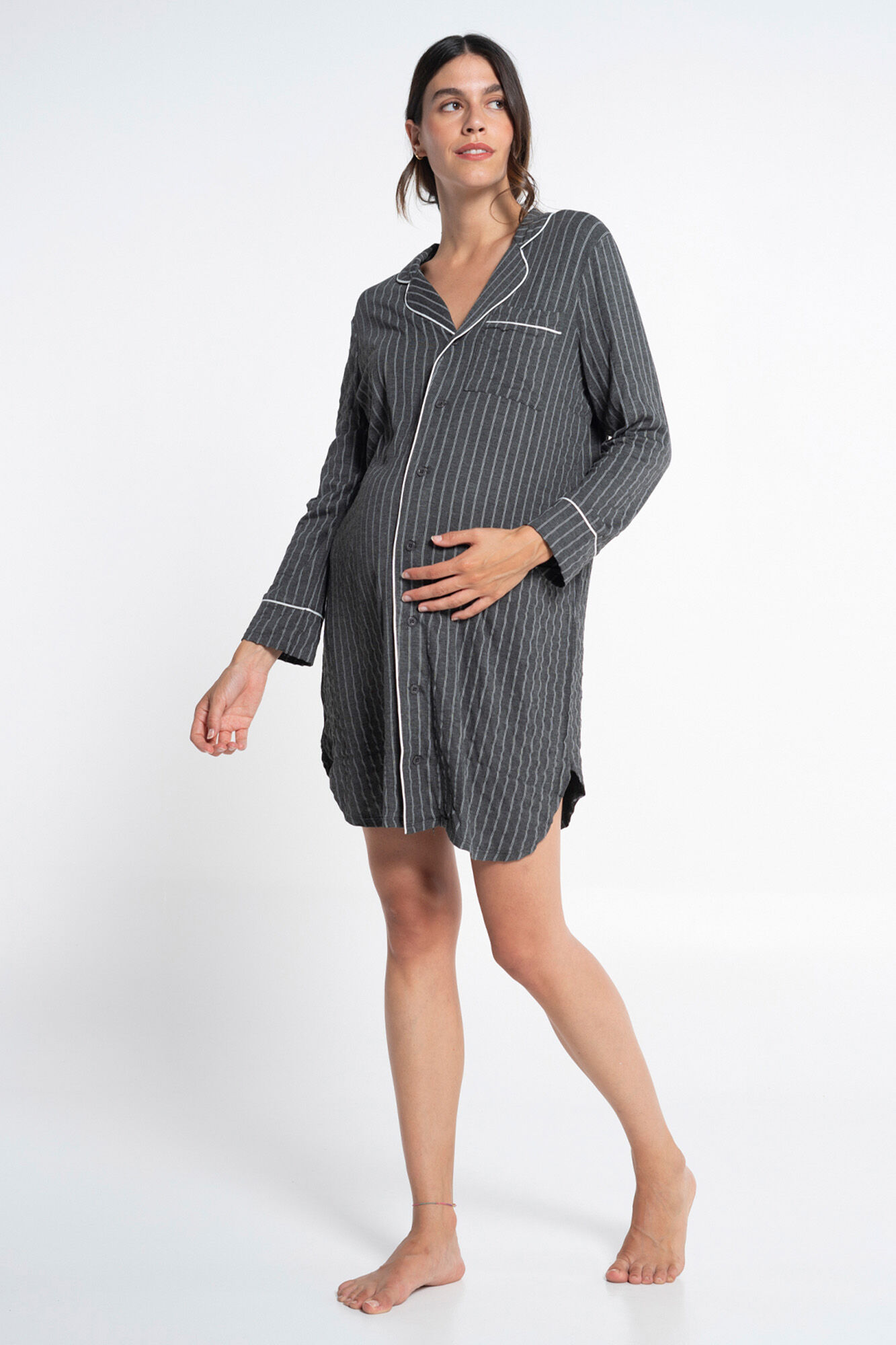 Ohma! Camisa de dormir de amamenta&ccedil;&atilde;o longa riscas