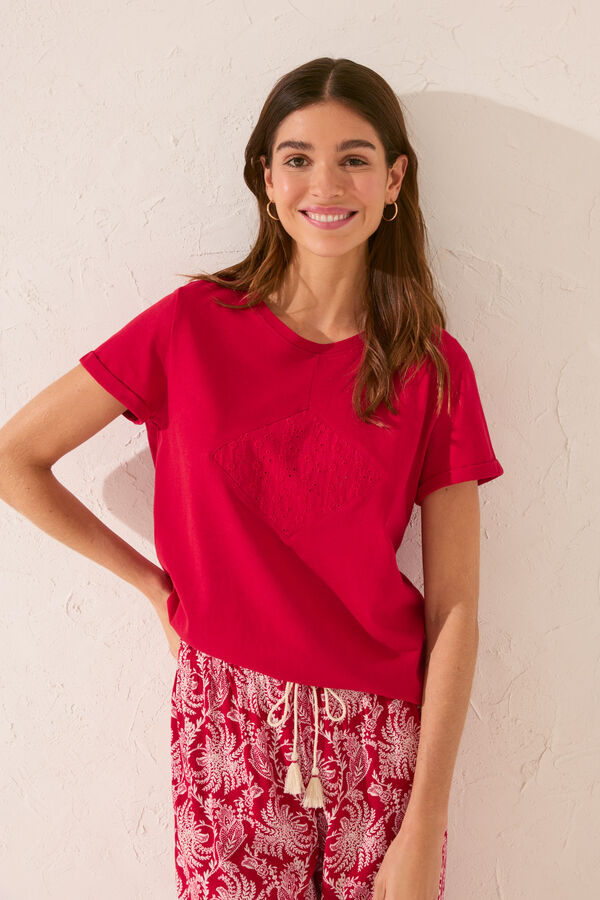 Women'secret Camiseta manga corta 100% algod&oacute;n rojo bordado rojo