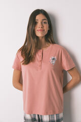 Women'secret Pijama largo 100% algod&oacute;n rosa cuadros Stitch gris