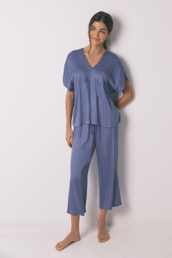 Women'secret Pijama largo azul escote plisado azul