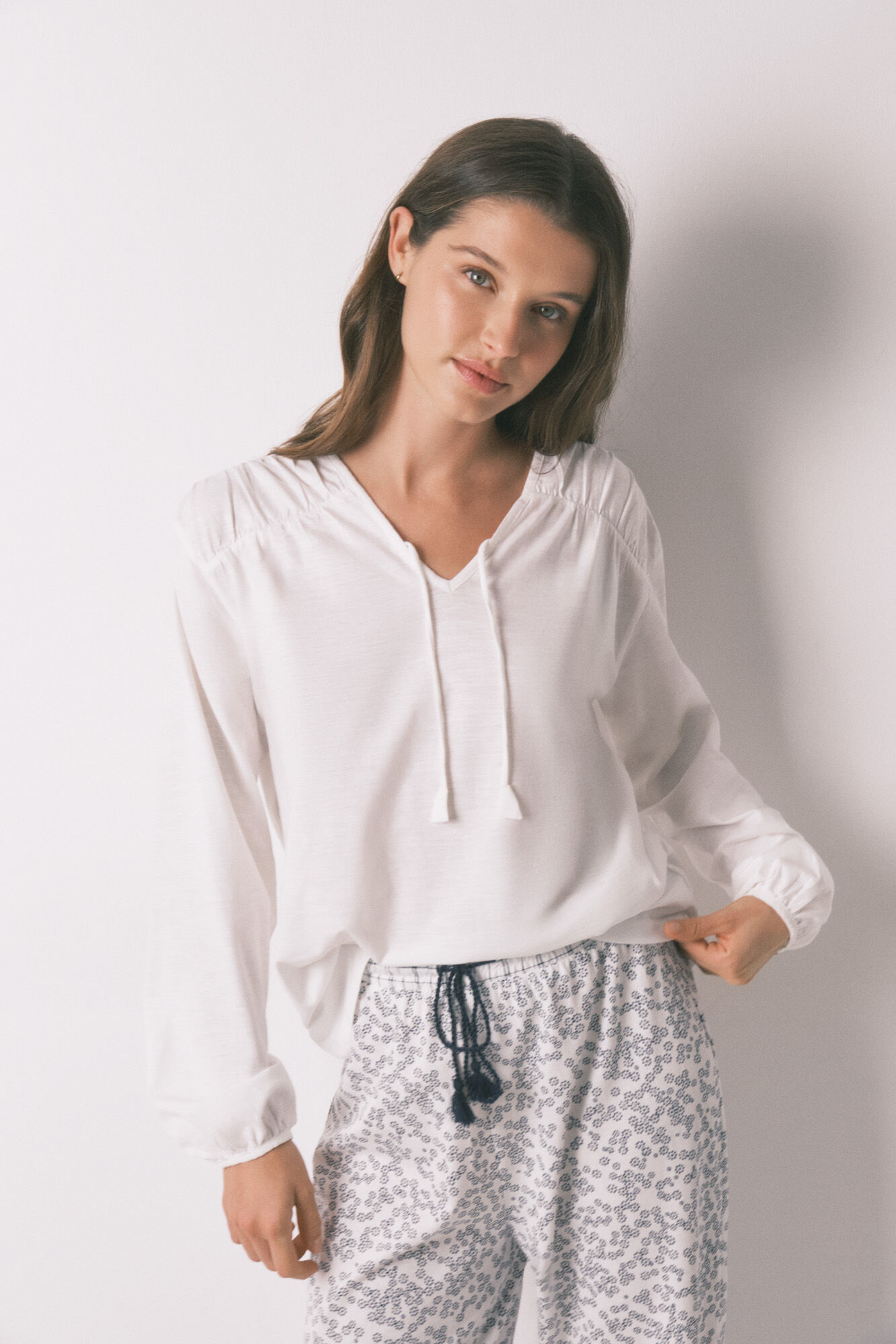 Women'secret Camiseta manga larga algod&oacute;n frunce blanco