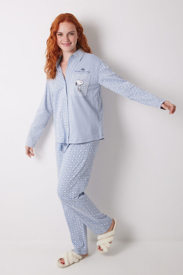 Women'secret Pijama camisero largo algod&oacute;n rayas Snoopy azul