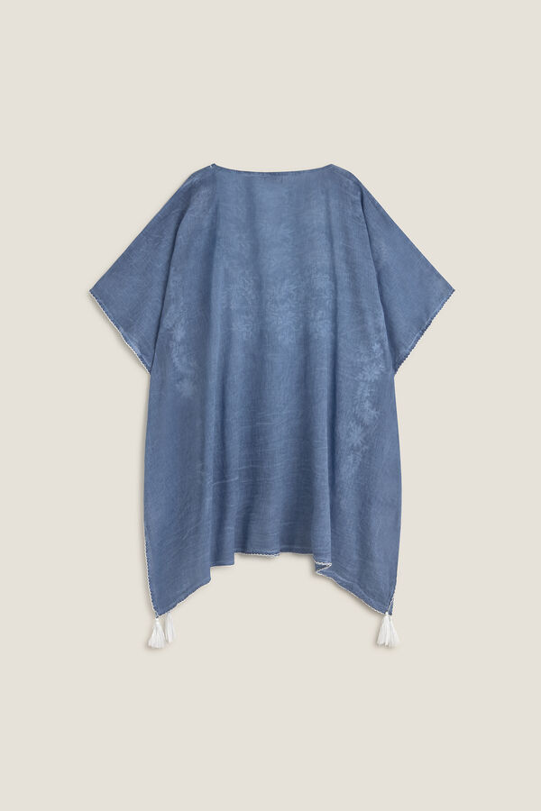 Textura T&uacute;nica algod&oacute;n bordado borlas flores azul