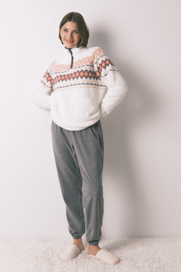 Women'secret Pijama largo polar suave estampado fair isle marfil