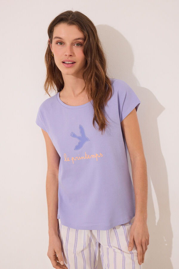 Women'secret Pijama lounge de algod&atilde;o riscas lil&aacute;s rosa