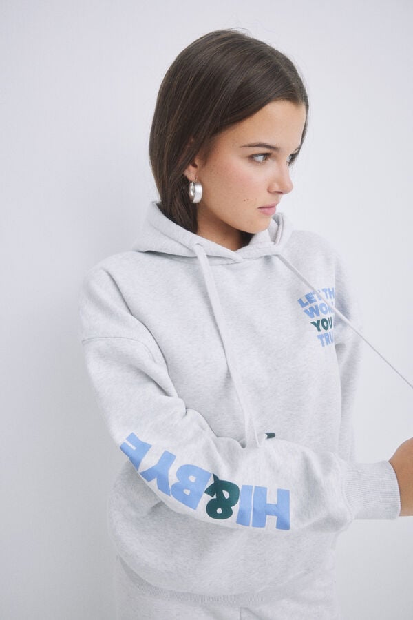 HI&BYE Sudadera capucha felpa gris logo gris