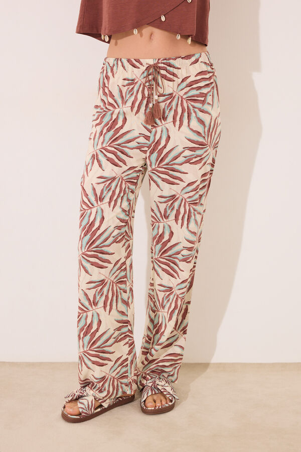 Women'secret Cal&ccedil;a de viscose com estampado de folhas marrons verde