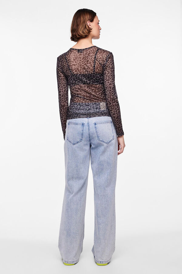 Pieces Top tule de manga comprida e print em leopardo preto