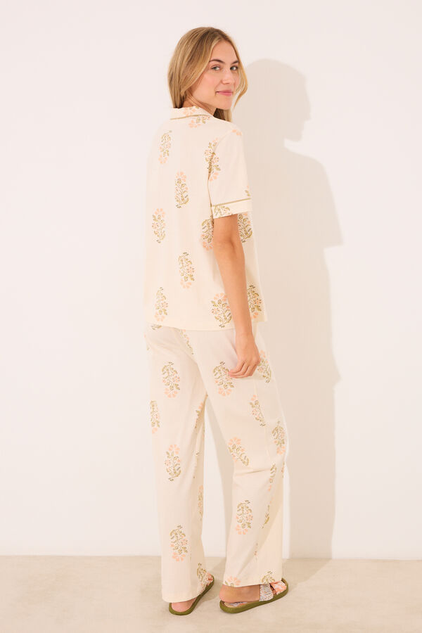 Women'secret Pijama largo camisero marfil algod&oacute;n marfil