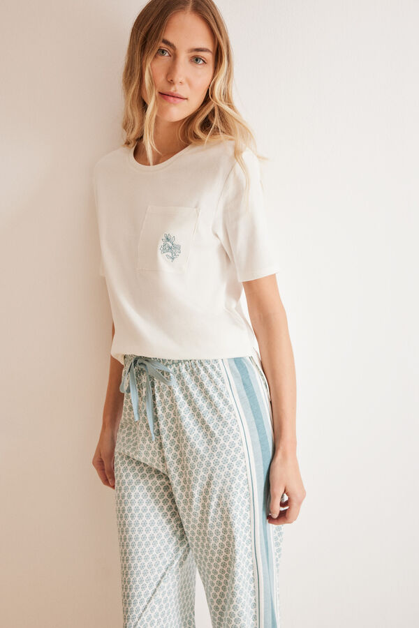 Women'secret Pijama 100% algod&oacute;n Capri estampado geom&eacute;trico marfil