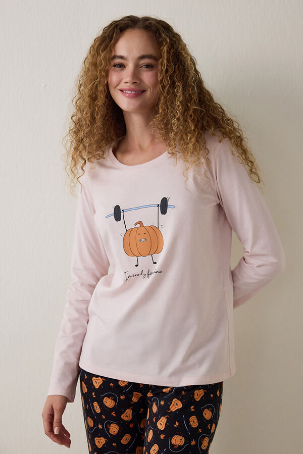 Penti Conjunto de pijama de manga larga con cuello redondo y estampado de calabazas estampado