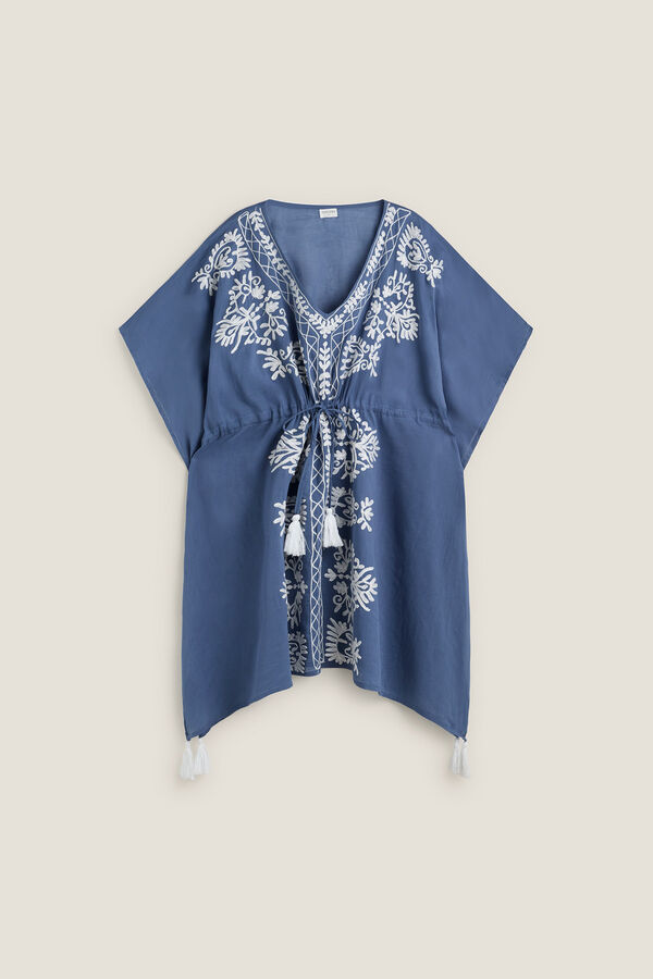 Textura T&uacute;nica algod&oacute;n detalle bordado azul