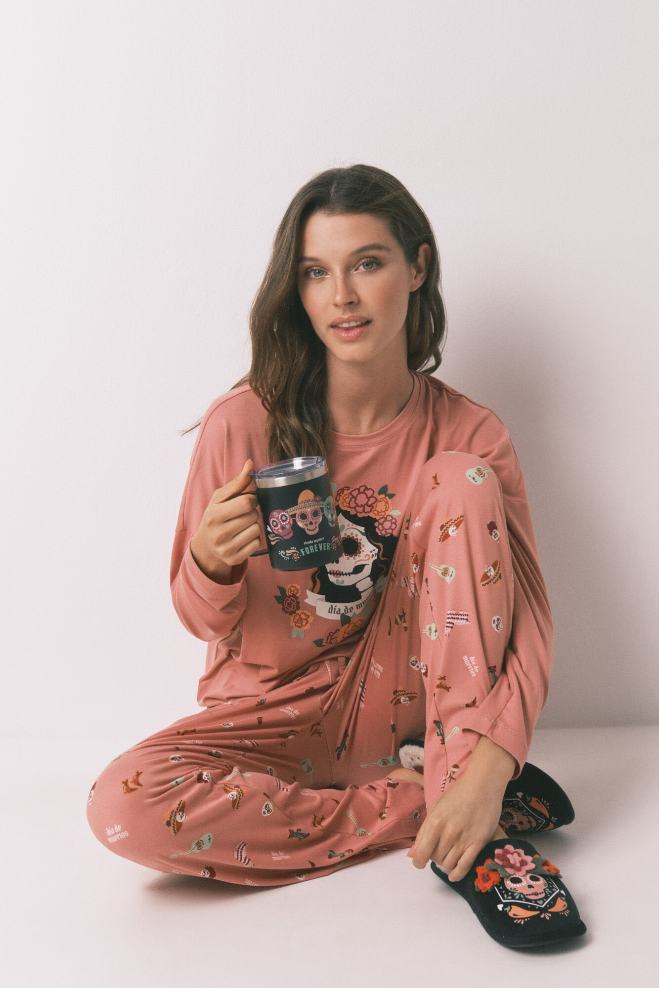 Women'secret Pijama largo polar "La Catrina" rosa