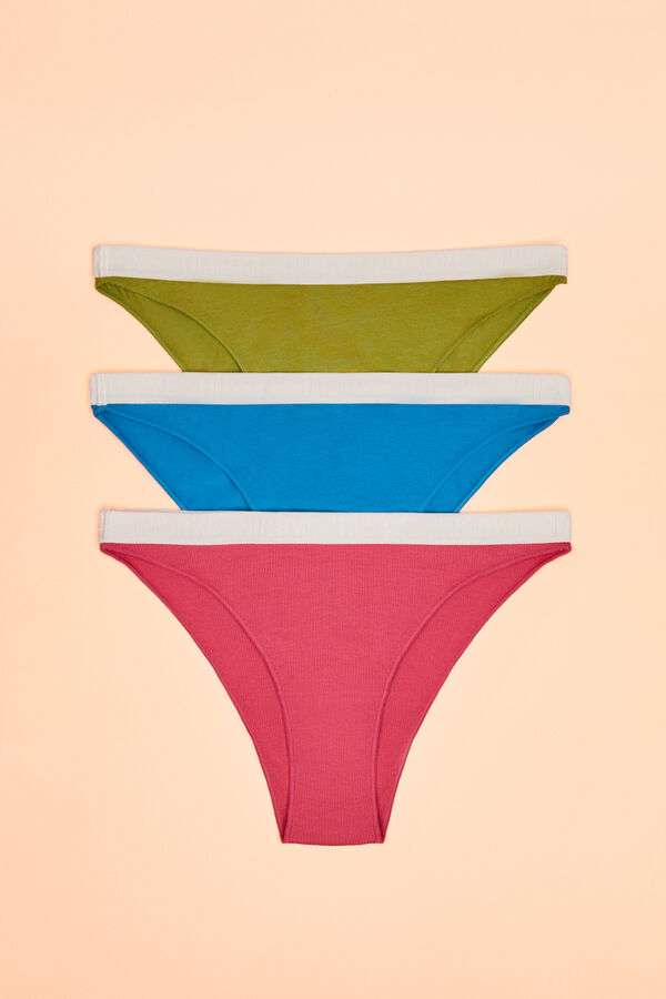 HI&BYE Pack 3 bragas brasile&ntilde;as algod&oacute;n logo verde, fucsia y azul blanco