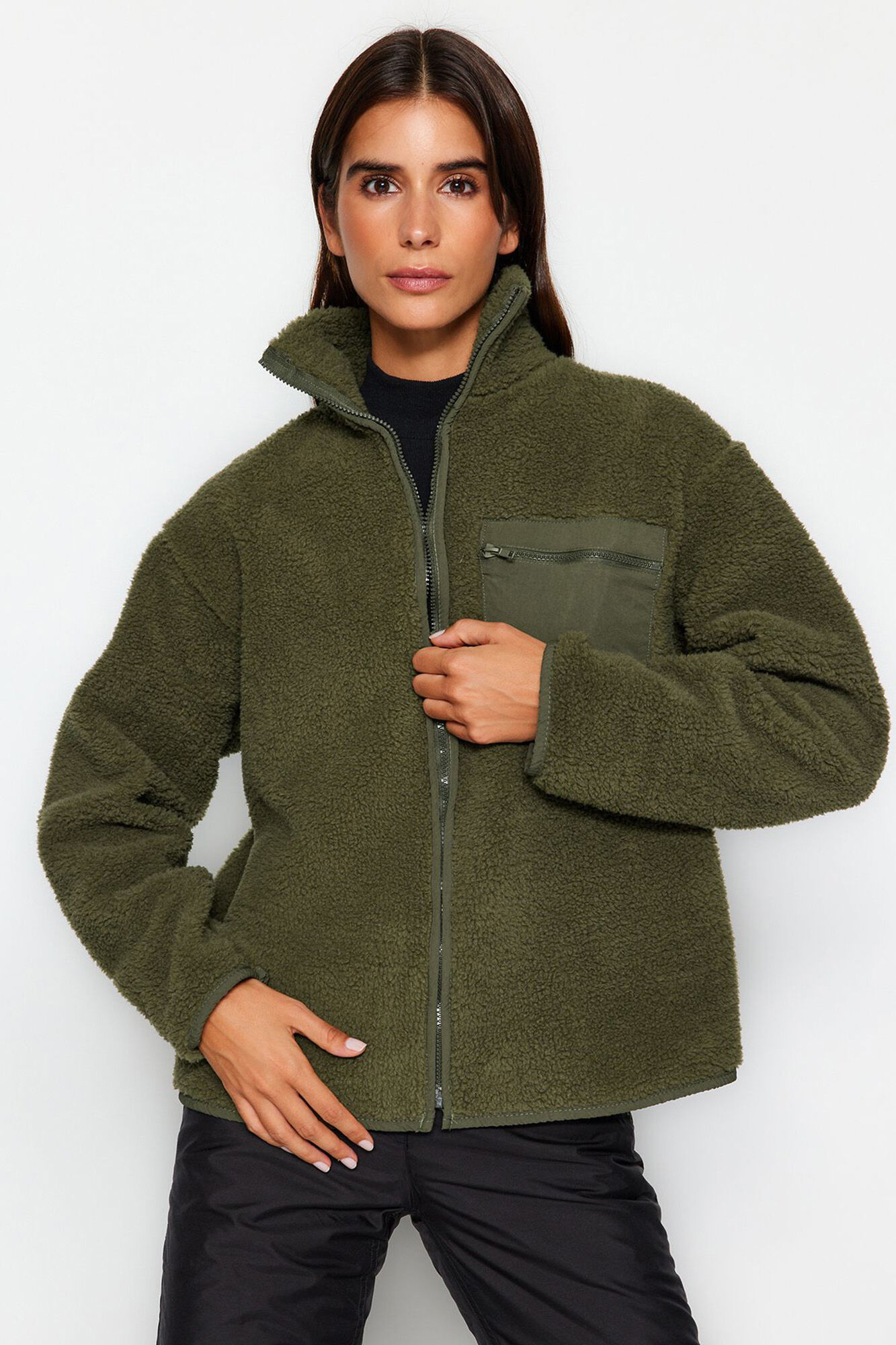 Trendyol Chaqueta forro polar verde borrego 