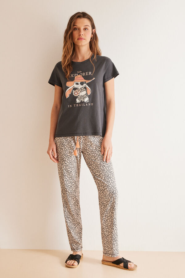 Women'secret Pijama largo 100% algod&oacute;n gris Stitch gris