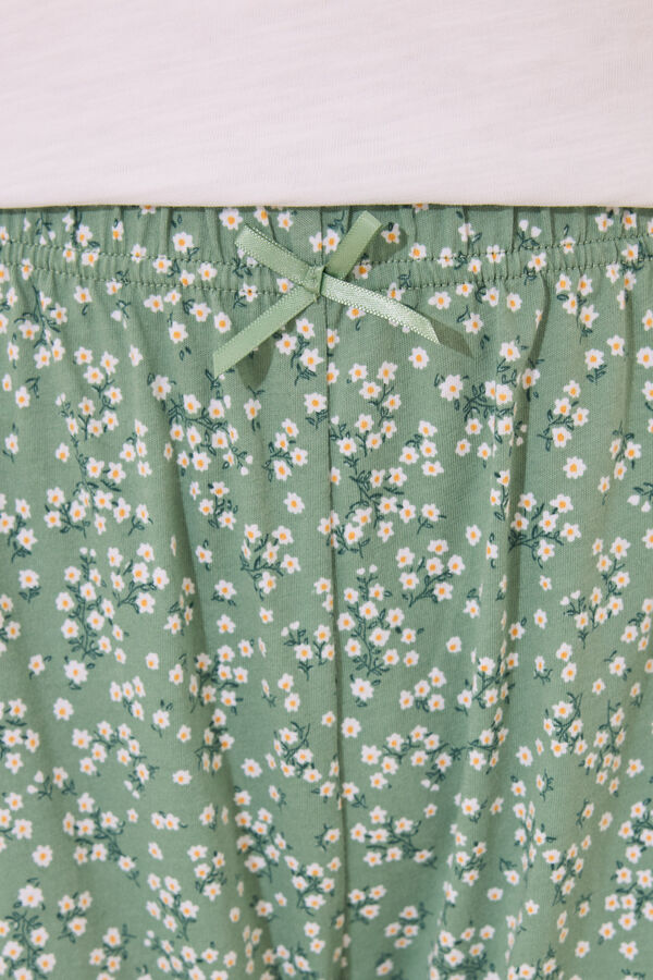 Women'secret Pijama Capri 100% algodão branco e verde bege