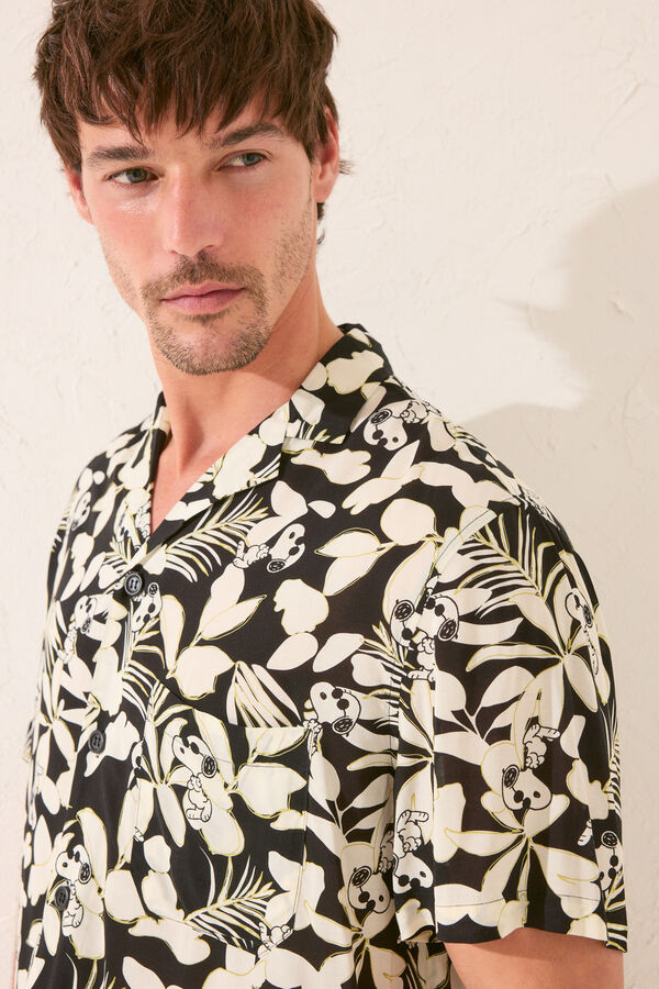 Women'secret Camisa masculina com estampado tropical Snoopy preto