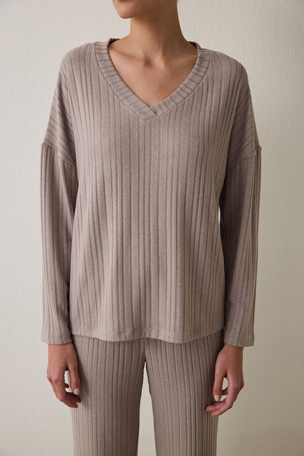 Penti Conjunto de pijama de manga larga con cuello en V y estampado Latte Mocha nude