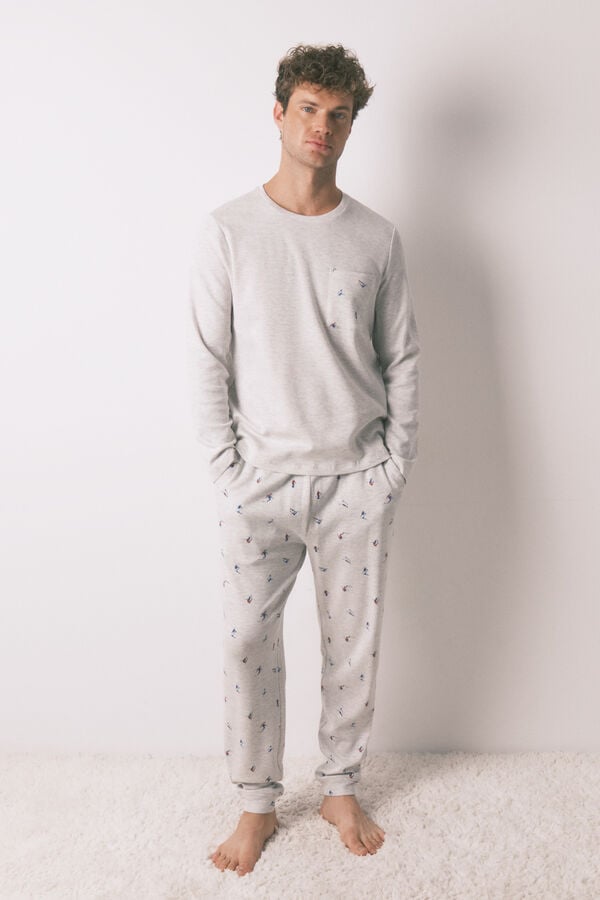 Women'secret Pijama comprido masculino 100% algod&atilde;o cinza  cinzento