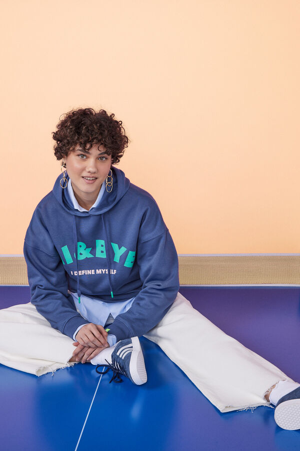 HI&BYE Sudadera capucha felpa azul oscuro logo azul