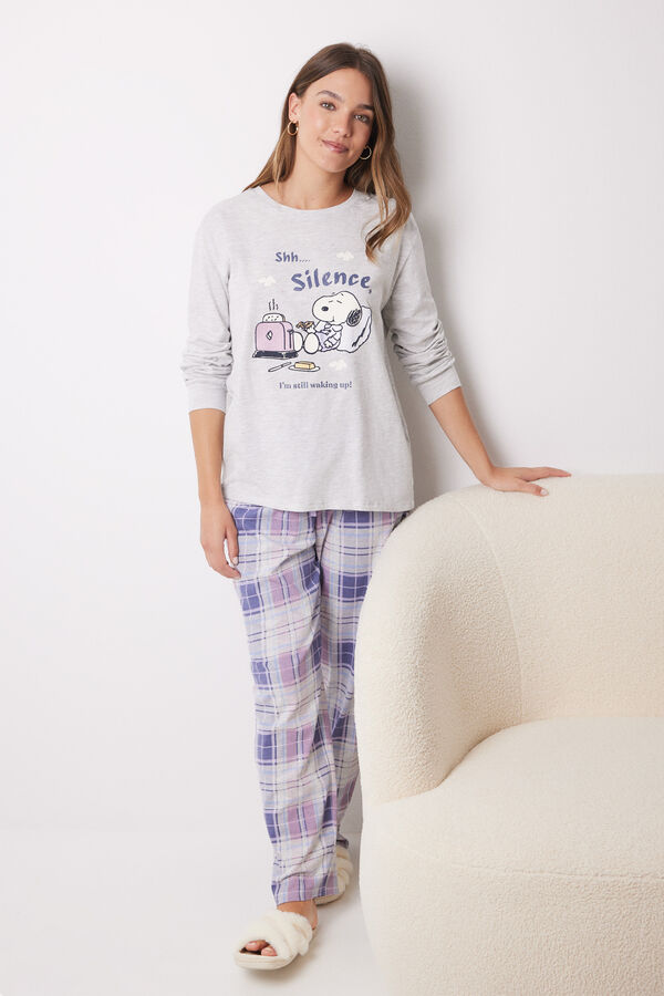 Women'secret Pijama largo 100% algod&oacute;n Snoopy cuadros gris