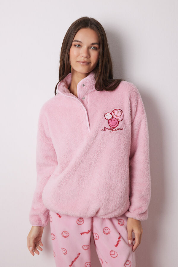 Women'secret Pijama largo polar caritas Smiley rosa